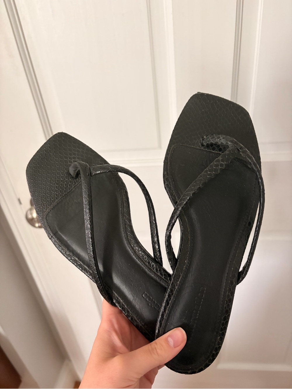Reformation Black Leather Strappy Square-Toe Flip Flops